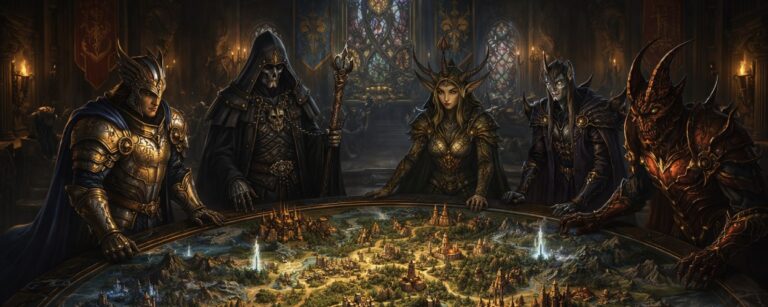 Fantasy-Strategiekarte mit Burgen, Armeen und Fraktionsführern aus Heroes of Might and Magic: Olden Era.