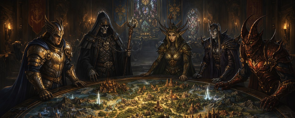 Fantasy-Strategiekarte mit Burgen, Armeen und Fraktionsführern aus Heroes of Might and Magic: Olden Era.