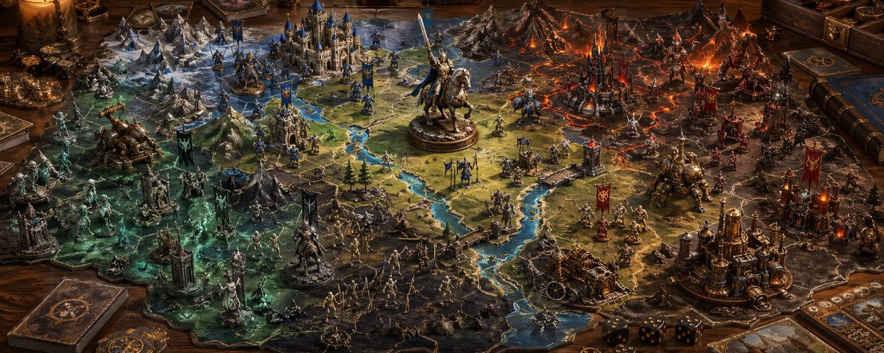 Heroes of Might and Magic 3 als aufwendig inszeniertes Fantasy-Brettspiel mit Hexfeldern, Heldenminiaturen, Burgen und neuen Fraktionen auf dem Spieltisch.