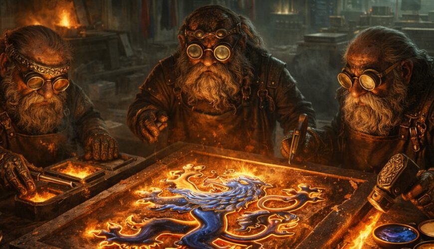 Drei zwergische Metallhexer schmieden in einer glühenden Werkhalle einen leuchtenden hessischen Löwen, umgeben von Werkzeugen, Farbschalen und heraldischen Vorlagen.