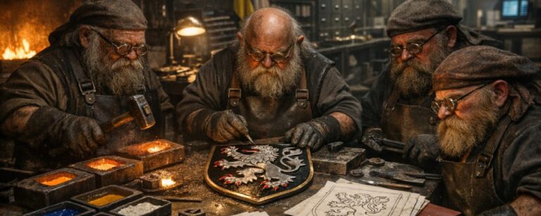 Vier zwergische Metallhexer schmieden in einer glühenden Werkhalle einen leuchtenden hessischen Löwen, umgeben von Werkzeugen, Farbschalen und heraldischen Vorlagen.