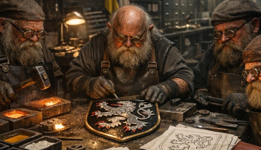 Vier zwergische Metallhexer schmieden in einer glühenden Werkhalle einen leuchtenden hessischen Löwen, umgeben von Werkzeugen, Farbschalen und heraldischen Vorlagen.