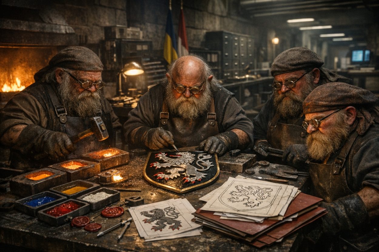 Drei zwergische Metallhexer schmieden in einer glühenden Werkhalle einen leuchtenden hessischen Löwen, umgeben von Werkzeugen, Farbschalen und heraldischen Vorlagen.