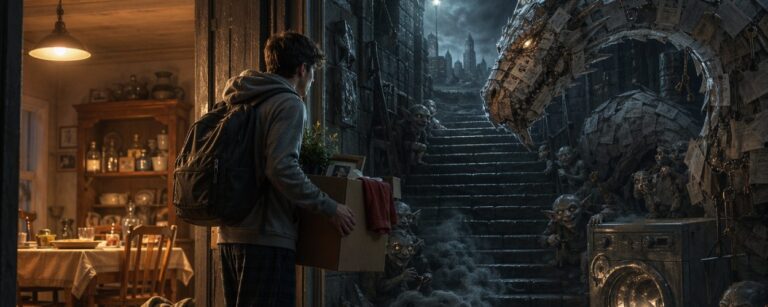 Junger Erwachsener steht mit Umzugskarton an der Schwelle zwischen warmem Elternhaus und düsterem Wohnungsmarkt-Dungeon mit Mietdrachen, Kautionskobolden und verfluchter Waschmaschine.