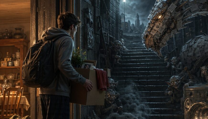 Junger Erwachsener steht mit Umzugskarton an der Schwelle zwischen warmem Elternhaus und düsterem Wohnungsmarkt-Dungeon mit Mietdrachen, Kautionskobolden und verfluchter Waschmaschine.