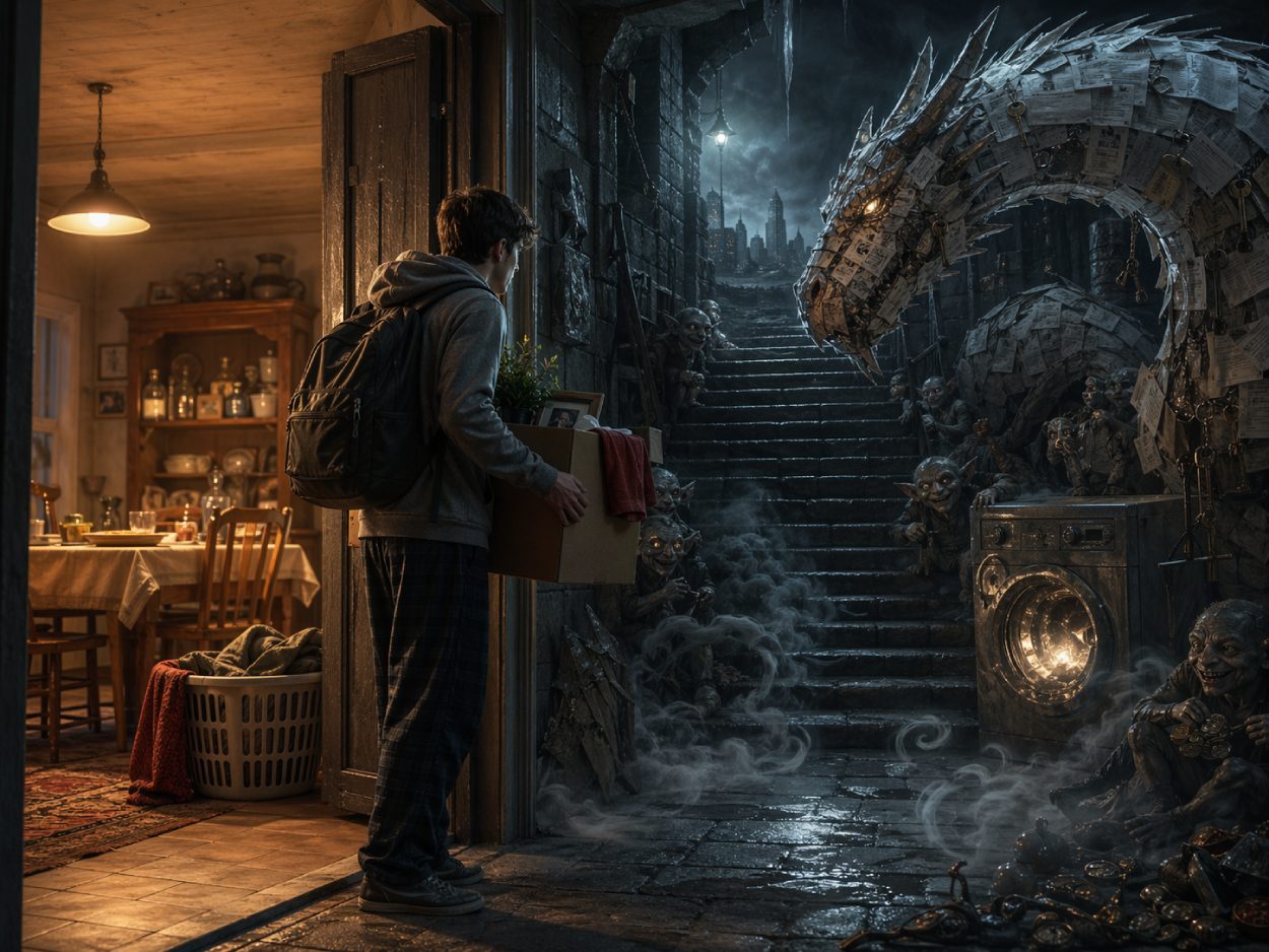 Junger Erwachsener steht mit Umzugskarton an der Schwelle zwischen warmem Elternhaus und düsterem Wohnungsmarkt-Dungeon mit Mietdrachen, Kautionskobolden und verfluchter Waschmaschine.