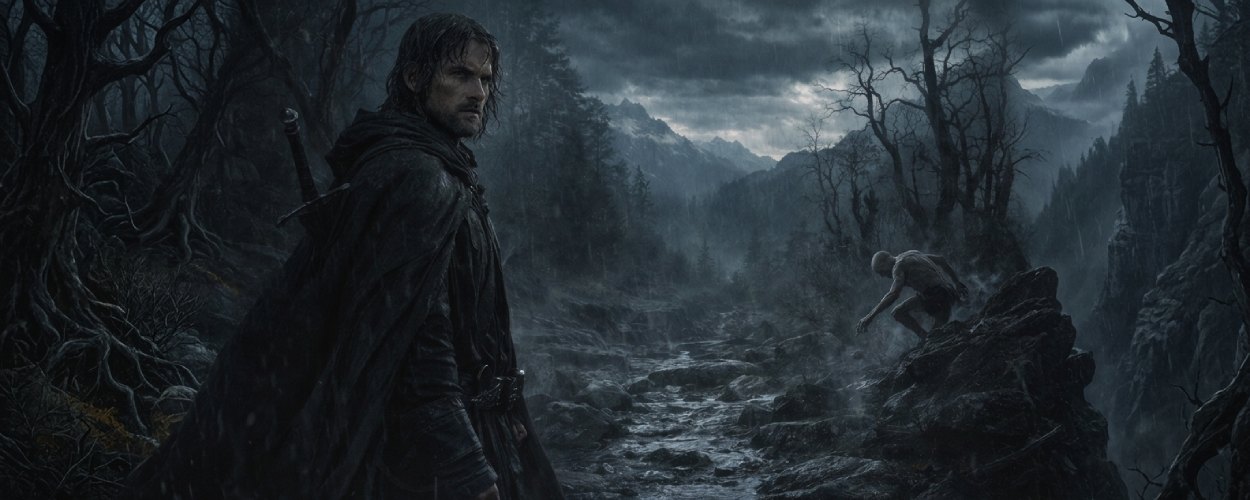 Ein neuer Aragorn als Streicher steht in dunkler Wildnis auf der Jagd nach Gollum.