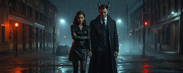 Eine Ermittlerin steht nachts mit einem dämonisch wirkenden Partner in einer düsteren Stadtstraße und deutet die Verfilmung von Infernal Affairs an.