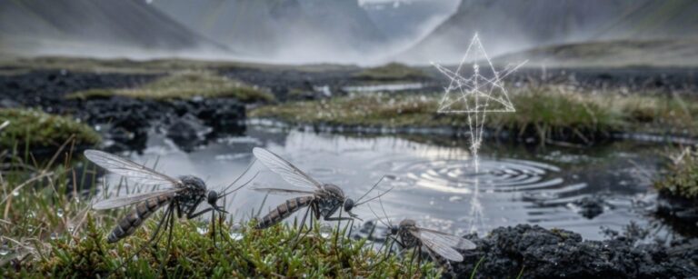 Drei Stechmücken in einer kargen isländischen Moorlandschaft vor einem stillen Wasserloch, über dem ein leuchtendes, rituell wirkendes Zeichen erscheint.