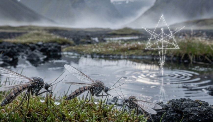 Drei Stechmücken in einer kargen isländischen Moorlandschaft vor einem stillen Wasserloch, über dem ein leuchtendes, rituell wirkendes Zeichen erscheint.