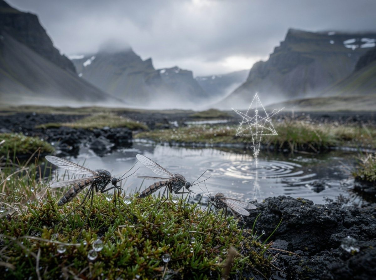 Drei Stechmücken in einer kargen isländischen Moorlandschaft vor einem stillen Wasserloch, über dem ein leuchtendes, rituell wirkendes Zeichen erscheint.