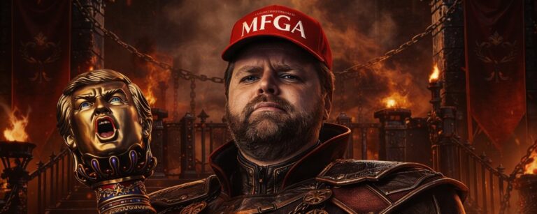 JD Vance als düsterer Kerkervogt mit Trump-Zepter, MFGA-Kappe und Stacheldraht im Hintergrund eines autoritären Fantasy-Dungeons