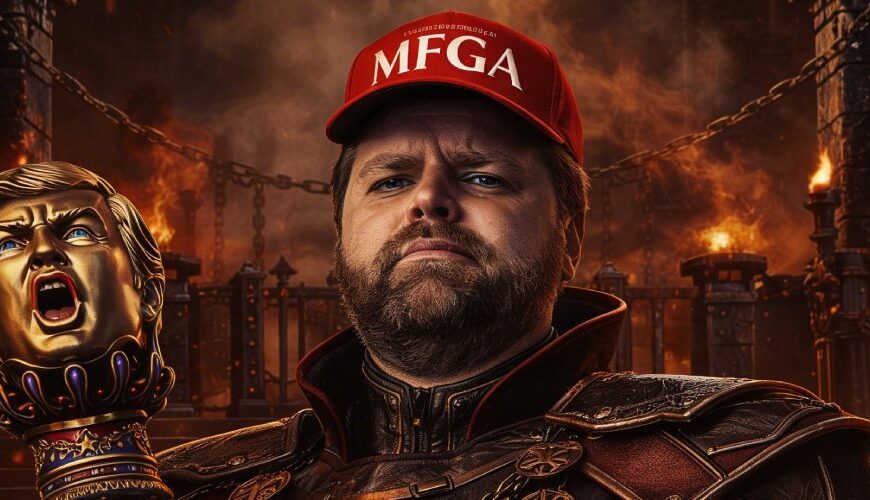 JD Vance als düsterer Kerkervogt mit Trump-Zepter, MFGA-Kappe und Stacheldraht im Hintergrund eines autoritären Fantasy-Dungeons