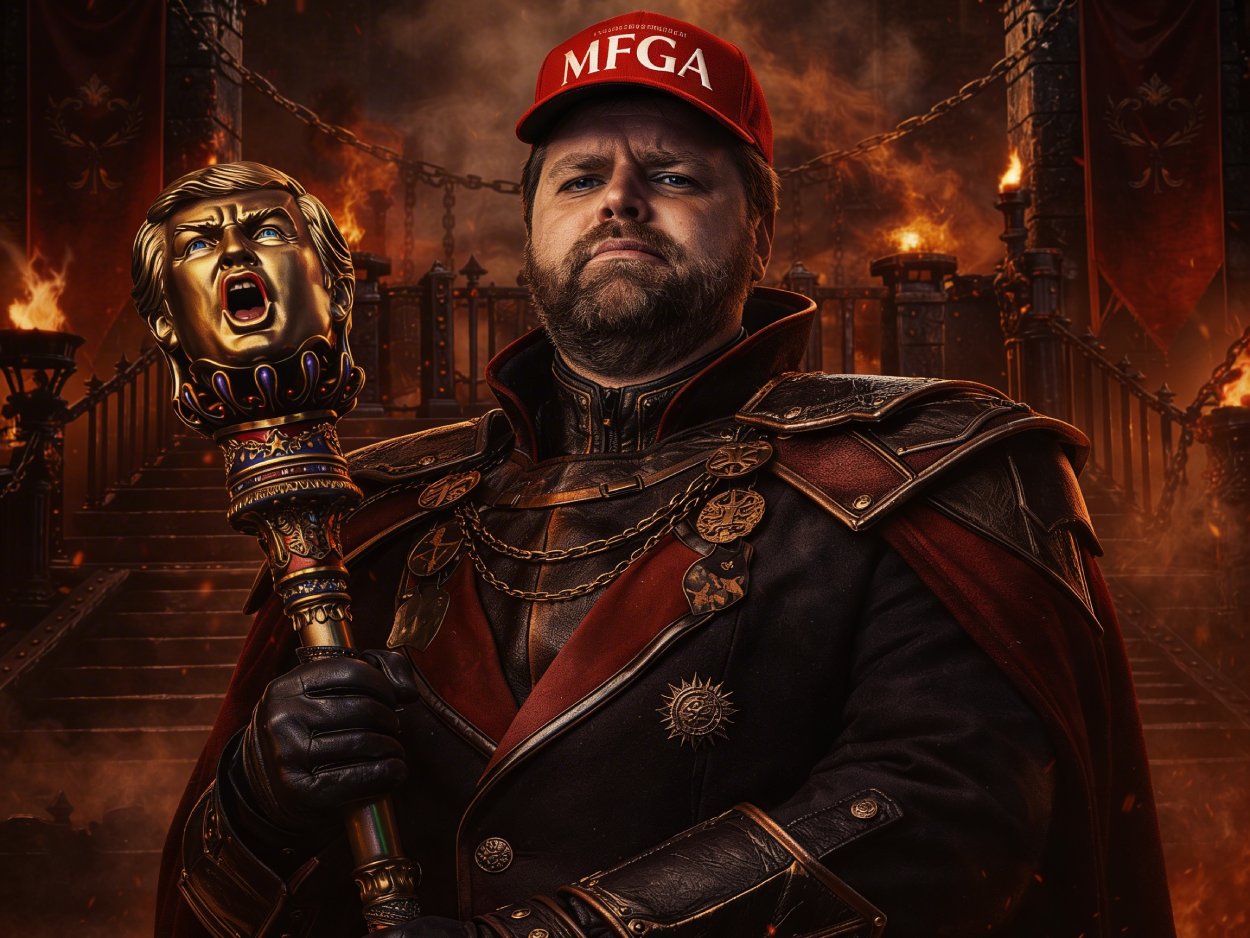 JD Vance als düsterer Kerkervogt mit Trump-Zepter, MFGA-Kappe und Stacheldraht im Hintergrund eines autoritären Fantasy-Dungeons