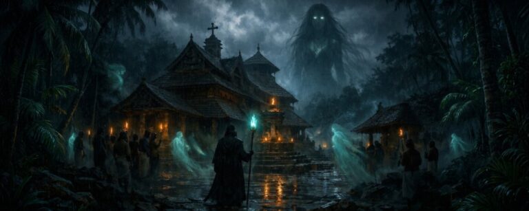Ein düsterer Priester-Magier steht in einer von Kerala-Folklore geprägten Fantasy-Nacht vor alten Bauten, Regenwolken und Geisterlichtern.