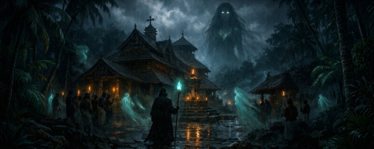 Ein düsterer Priester-Magier steht in einer von Kerala-Folklore geprägten Fantasy-Nacht vor alten Bauten, Regenwolken und Geisterlichtern.