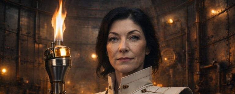 Katherina Reiche in weißem Industrie-Overall mit riesigem Gasfeuerzeug-Zepter in einem metallischen Gastankgewölbe