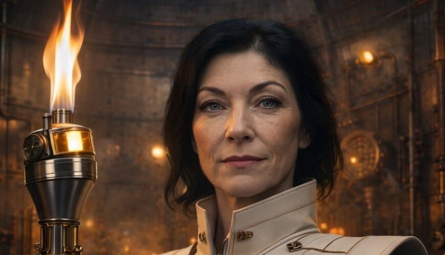 Katherina Reiche in weißem Industrie-Overall mit riesigem Gasfeuerzeug-Zepter in einem metallischen Gastankgewölbe