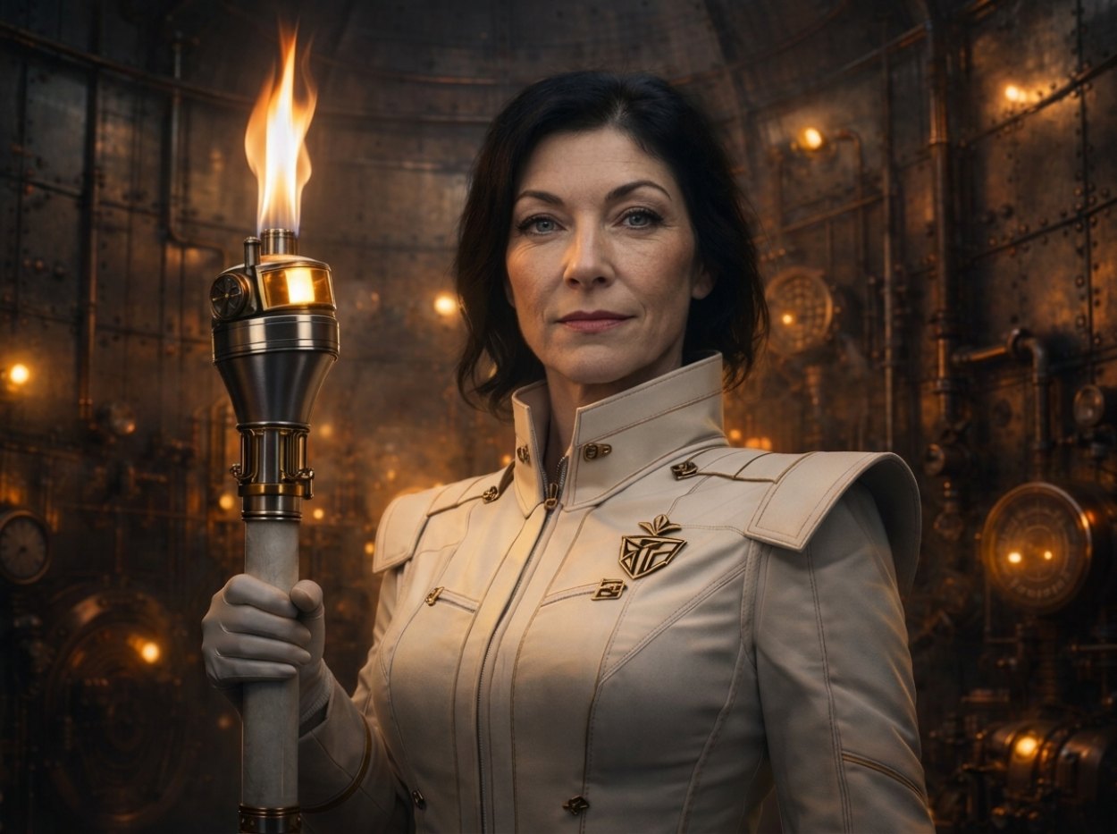 Armin Papperger in überladener stählerner Fantasyrüstung mit Drohnenzepter in einem düsteren Bunkergang mit Fackellicht