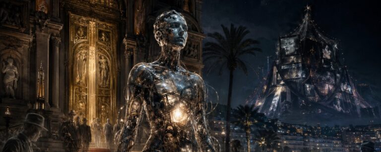 Ein künstlicher Film-Golem aus Glas, Kabeln und Projektionslicht steht vor einer alten Kinokathedrale an der nächtlichen Croisette von Cannes. Im Hintergrund beobachten schattenhafte Filmschaffende die Szene, während ein zweites Festivalzelt aus Spiegeln und Bildschirmen aufleuchtet.