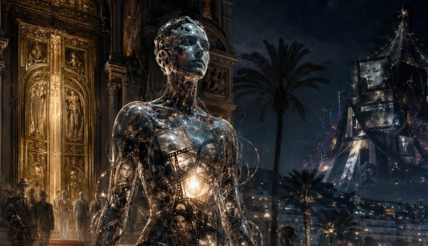 Ein künstlicher Film-Golem aus Glas, Kabeln und Projektionslicht steht vor einer alten Kinokathedrale an der nächtlichen Croisette von Cannes. Im Hintergrund beobachten schattenhafte Filmschaffende die Szene, während ein zweites Festivalzelt aus Spiegeln und Bildschirmen aufleuchtet.