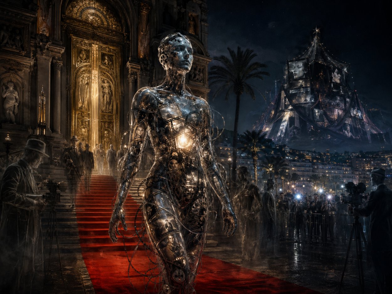 Ein künstlicher Film-Golem aus Glas, Kabeln und Projektionslicht steht vor einer alten Kinokathedrale an der nächtlichen Croisette von Cannes. Im Hintergrund beobachten schattenhafte Filmschaffende die Szene, während ein zweites Festivalzelt aus Spiegeln und Bildschirmen aufleuchtet.
