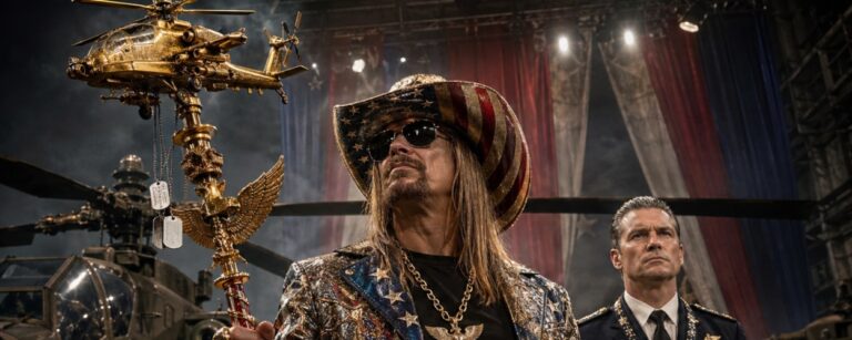 Kid-Rock-artiger Rock-Patriot mit Sonnenbrille, Sternenbanner-Hut und goldenem Hubschrauber-Zepter steht in einem Militärhangar vor Armeehubschraubern, während hinter ihm ein ernster Offizier wie ein Zeremonienmeister wirkt.