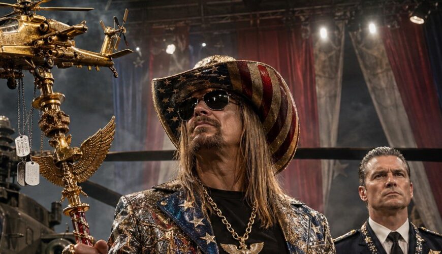 Kid-Rock-artiger Rock-Patriot mit Sonnenbrille, Sternenbanner-Hut und goldenem Hubschrauber-Zepter steht in einem Militärhangar vor Armeehubschraubern, während hinter ihm ein ernster Offizier wie ein Zeremonienmeister wirkt.