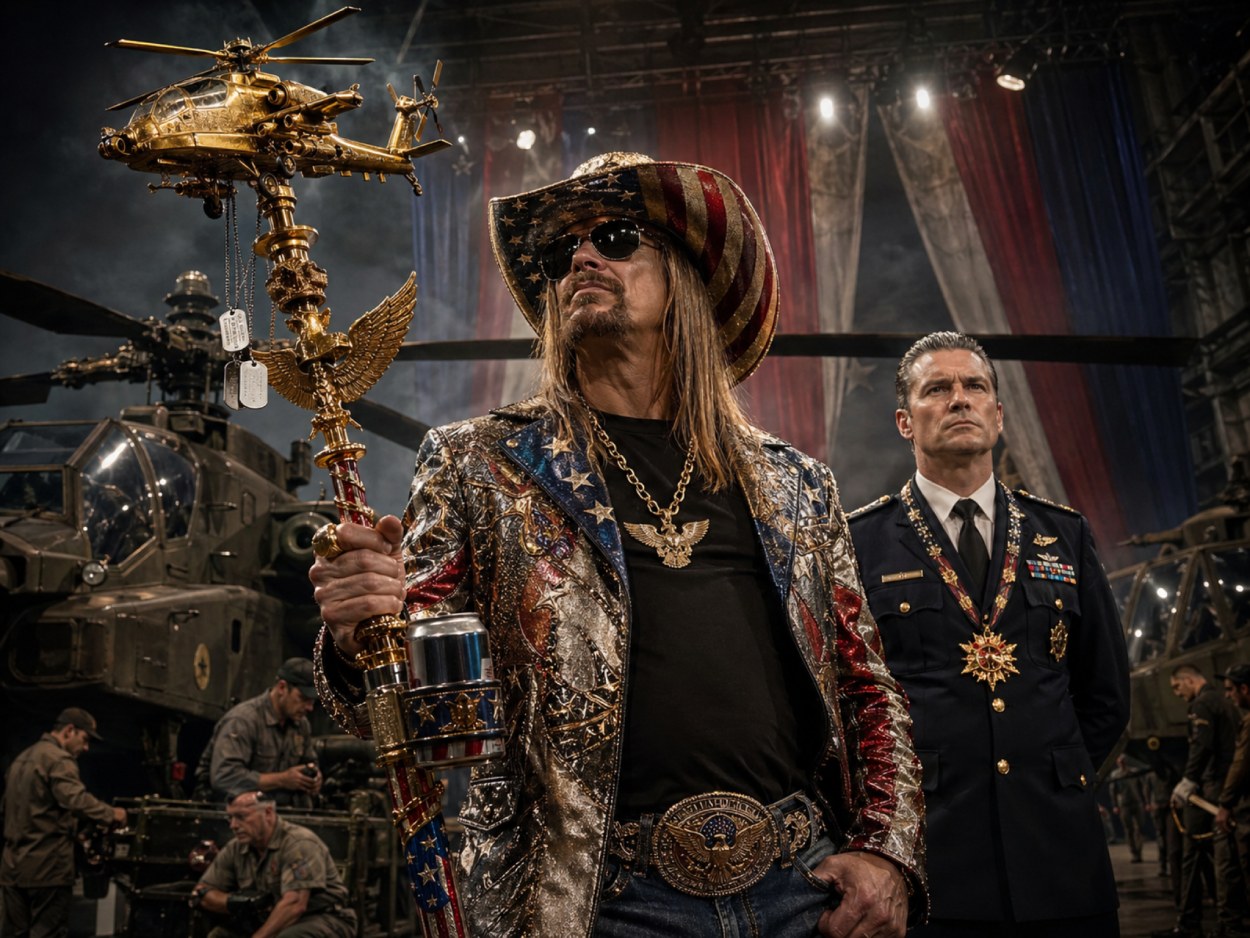 Kid-Rock-artiger Rock-Patriot mit Sonnenbrille, Sternenbanner-Hut und goldenem Hubschrauber-Zepter steht in einem Militärhangar vor Armeehubschraubern, während hinter ihm ein ernster Offizier wie ein Zeremonienmeister wirkt.