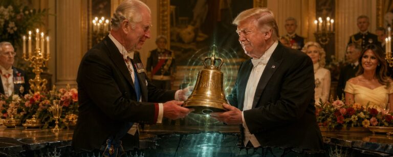 König Charles überreicht Donald Trump bei einem festlichen Bankett eine glänzende Glocke, während unter ihnen der Rat der Untoten Könige in einer verborgenen Kammer unter dem Buckingham Palace tagt.