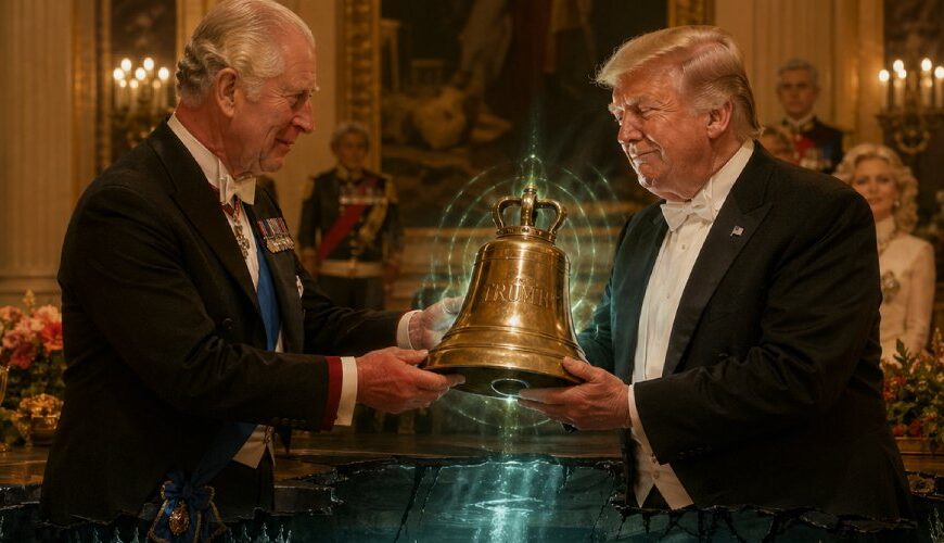 König Charles überreicht Donald Trump bei einem festlichen Bankett eine glänzende Glocke, während unter ihnen der Rat der Untoten Könige in einer verborgenen Kammer unter dem Buckingham Palace tagt.