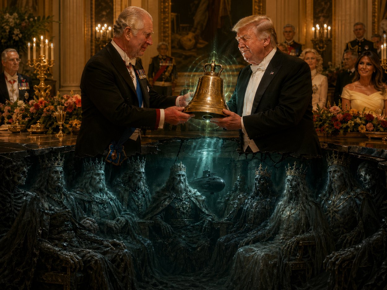 König Charles überreicht Donald Trump bei einem festlichen Bankett eine glänzende Glocke, während unter ihnen der Rat der Untoten Könige in einer verborgenen Kammer unter dem Buckingham Palace tagt.