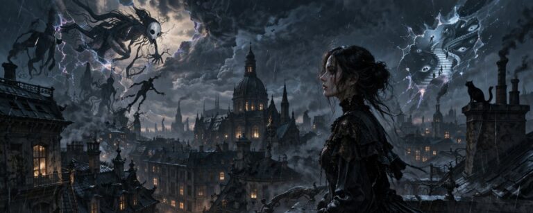 Eine junge Frau steht über einer düsteren gotischen Stadt, während sich am Himmel Albtraumrisse öffnen und die Welt von Koshmar: The Last Reverie andeuten.