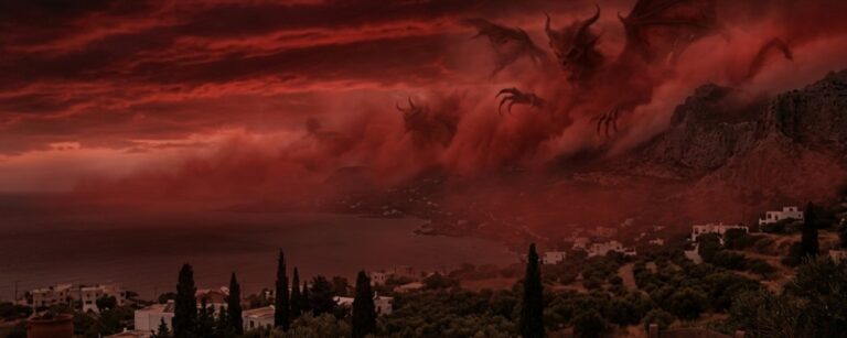 Blutroter Himmel über Kreta mit unheimlichem Staubschleier über einer Mittelmeerlandschaft, als würde eine trockene Macht aus den Zwischenreichen in die Realität drängen.