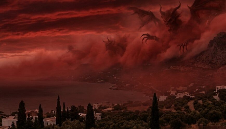 Blutroter Himmel über Kreta mit unheimlichem Staubschleier über einer Mittelmeerlandschaft, als würde eine trockene Macht aus den Zwischenreichen in die Realität drängen.