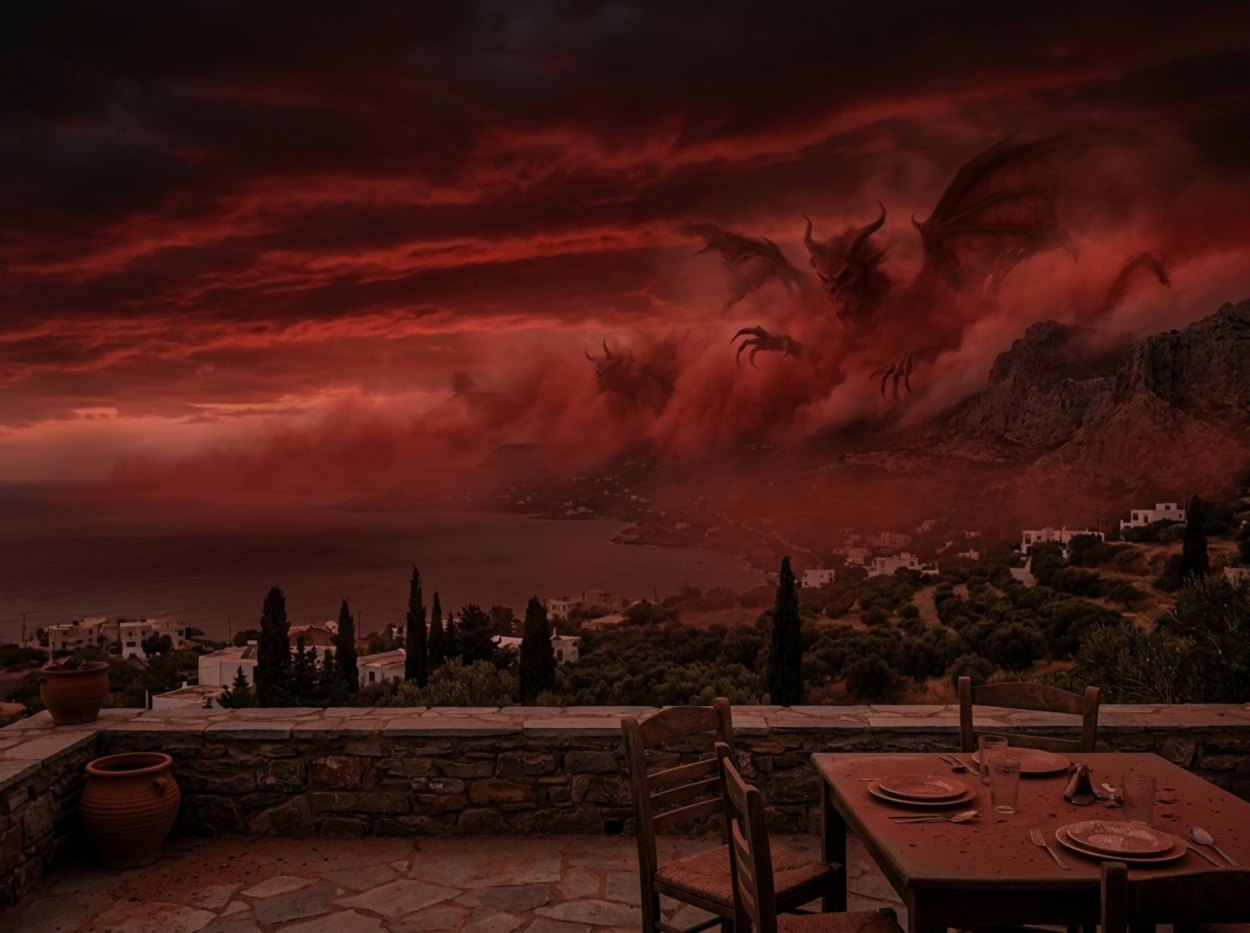 Blutroter Himmel über Kreta, während gewaltige dämonische Staubgestalten aus einer roten Wolkenfront über Küste und Dörfer hinweg aufziehen.