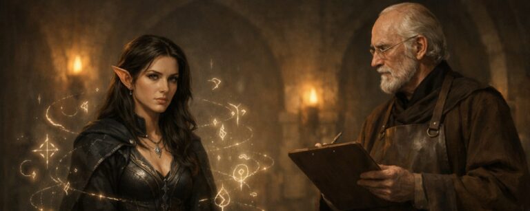 Eine junge Frau sitzt in einer Fantasy-Klinik auf einer Liege, während ein Arzt mit Klemmbrett ihre verborgenen Ziele und ihr Eigenleben untersucht.