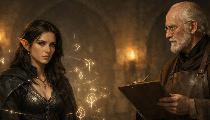 Eine junge Frau sitzt in einer Fantasy-Klinik auf einer Liege, während ein Arzt mit Klemmbrett ihre verborgenen Ziele und ihr Eigenleben untersucht.