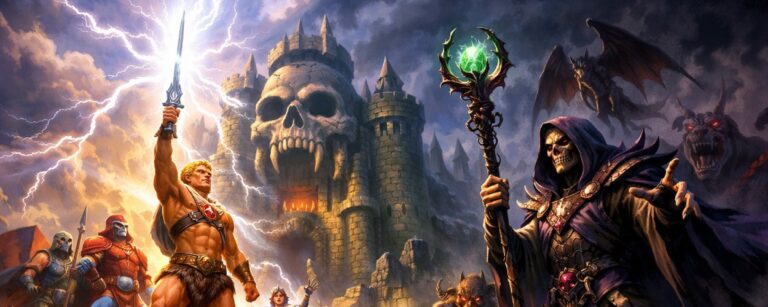 Ein heroischer Krieger mit Zauberschwert stellt sich in einer epischen Fantasy-Szene einem skelettgesichtigen dunklen Herrscher entgegen.