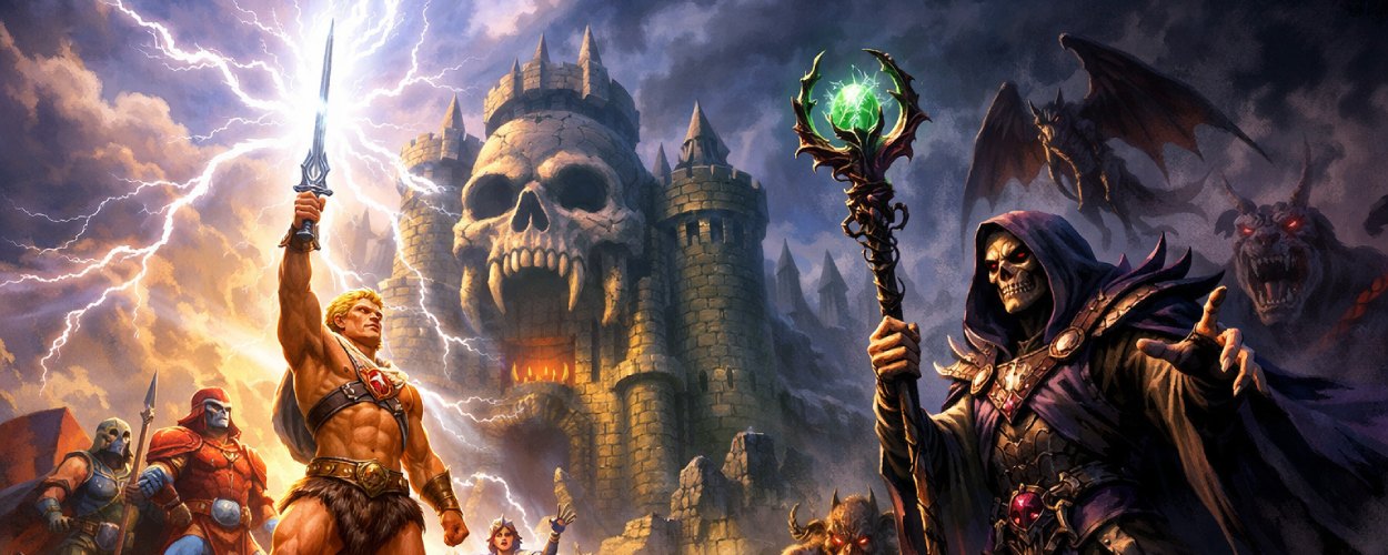 Ein heroischer Krieger mit Zauberschwert stellt sich in einer epischen Fantasy-Szene einem skelettgesichtigen dunklen Herrscher entgegen.