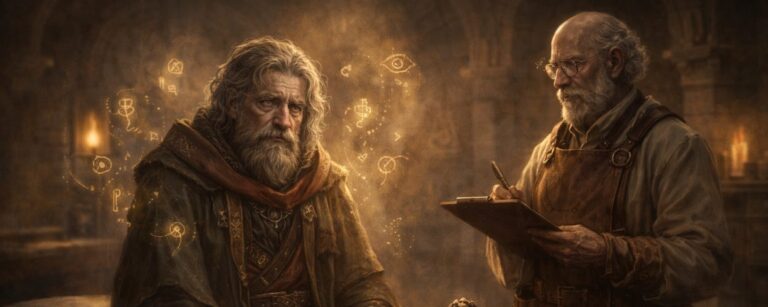 Ein älterer Fantasy-Mentor sitzt in einer Figurenklinik mit Buch und Stab auf einer Liege, während ein Arzt mit Klemmbrett seine Weisheit, Zweifel und blinden Flecken untersucht.