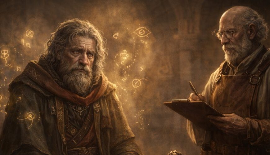 Ein älterer Fantasy-Mentor sitzt in einer Figurenklinik mit Buch und Stab auf einer Liege, während ein Arzt mit Klemmbrett seine Weisheit, Zweifel und blinden Flecken untersucht.