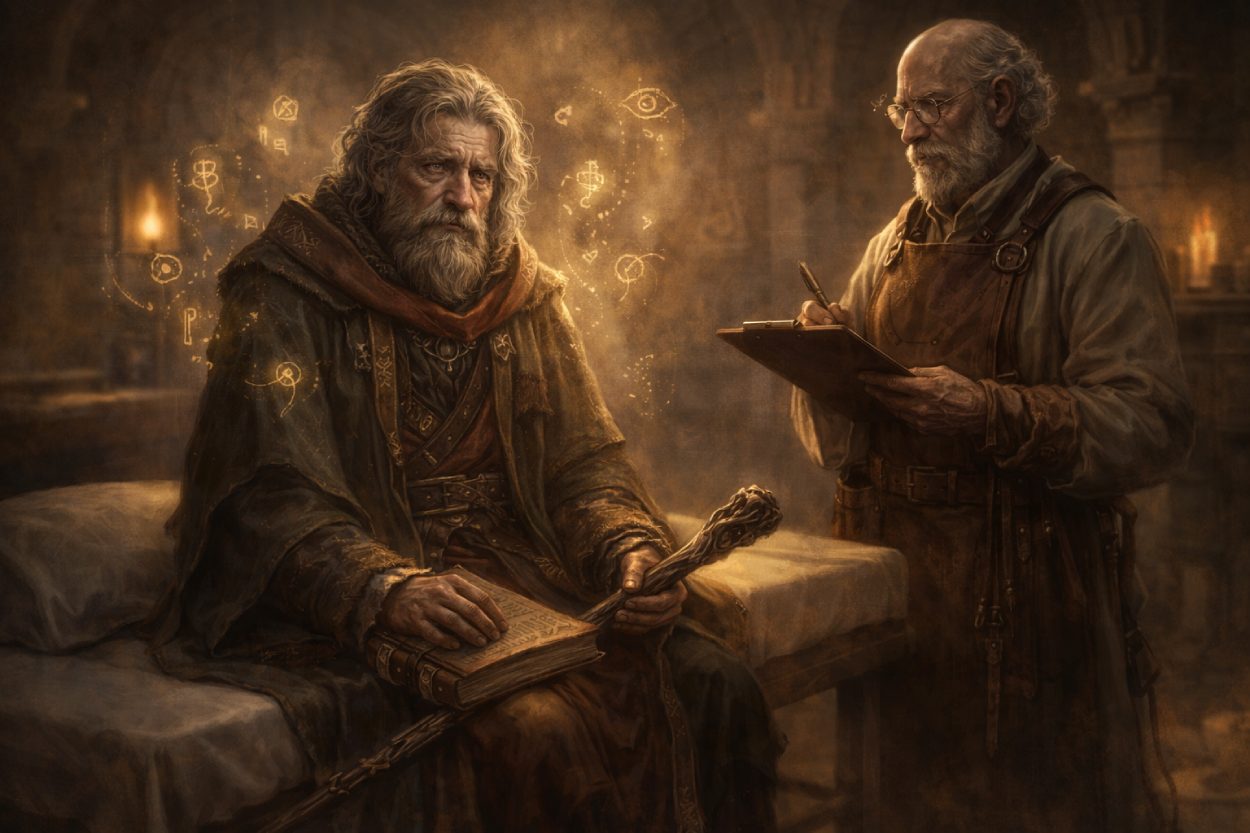 Ein älterer Fantasy-Mentor sitzt in einer Figurenklinik mit Buch und Stab auf einer Liege, während ein Arzt mit Klemmbrett seine Weisheit, Zweifel und blinden Flecken untersucht.