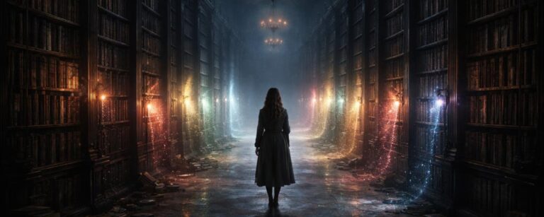 Eine Frau steht in der geheimnisvollen Bibliothek aus The Midnight Library zwischen hohen Regalen und leuchtenden Büchern.