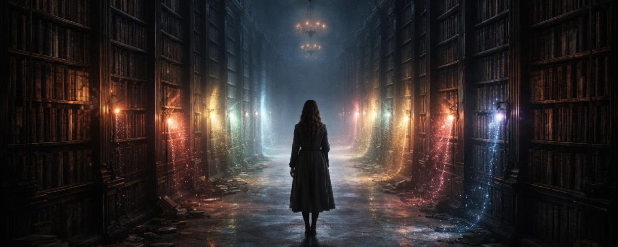 Eine Frau steht in der geheimnisvollen Bibliothek aus The Midnight Library zwischen hohen Regalen und leuchtenden Büchern.