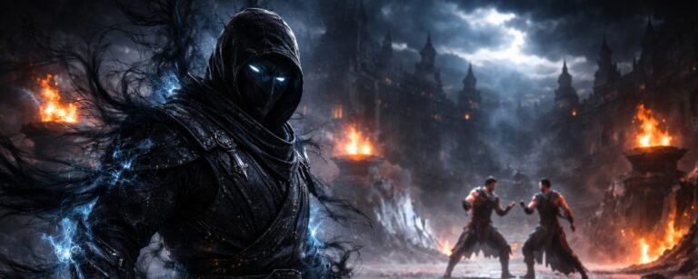 Ein dunkler Schattenkämpfer in einer zerstörten Arena deutet im Stil von Mortal Kombat II die Rückkehr von Noob Saibot an.