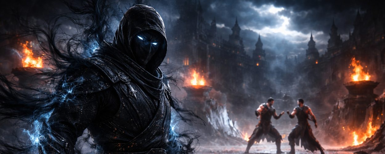 Ein dunkler Schattenkämpfer in einer zerstörten Arena deutet im Stil von Mortal Kombat II die Rückkehr von Noob Saibot an.