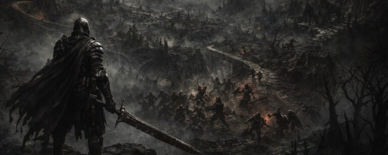 Ein gepanzerter Krieger blickt auf die dichte Dark-Fantasy-Welt von Mortal Shell 2 mit Ruinen, Bossen und brutalen Kämpfen.