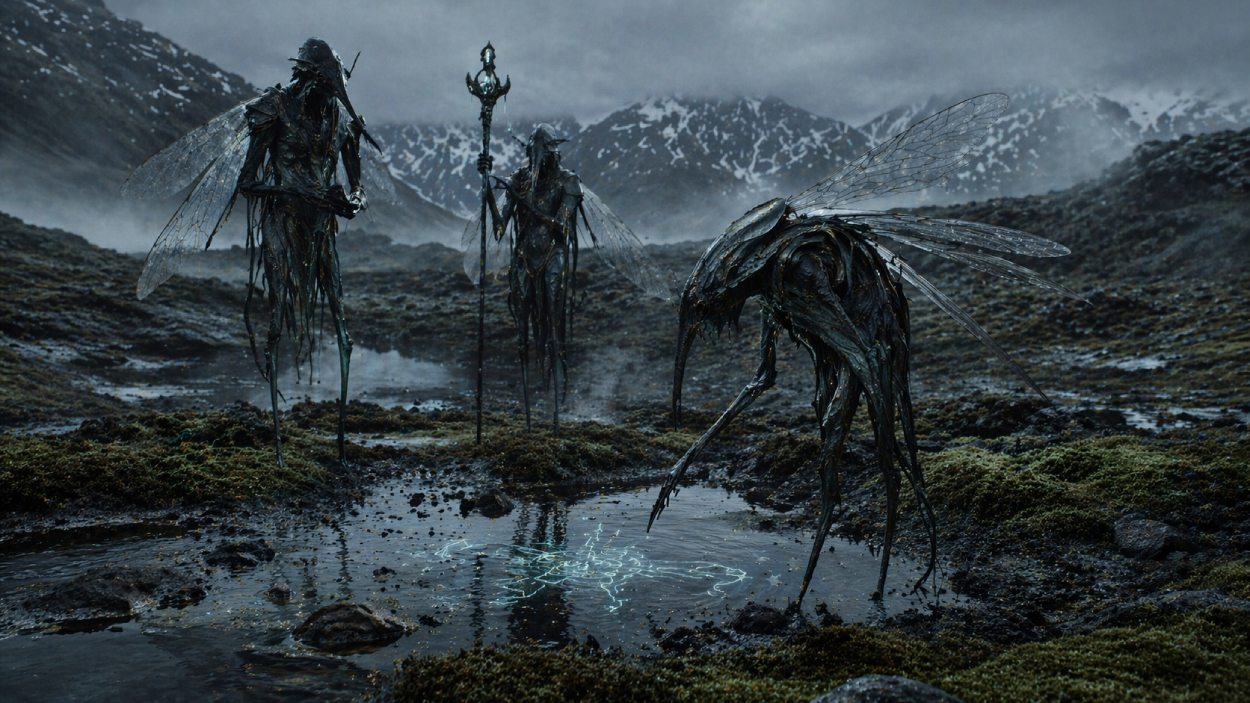 Drei hohe, düstere Moskito-Dämonen mit durchscheinenden Flügeln stehen in einer kargen isländischen Moorlandschaft um ein leuchtendes Zeichen im Wasser.