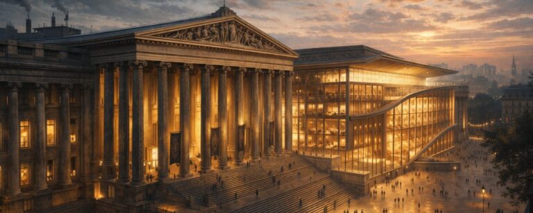 Eine monumentale Bildfestung aus altem Stein und neuem lichtdurchlässigem Flügel erhebt sich über einem weiten Platz, als würde ein Museum sein Reich in die Gegenwart ausdehnen.